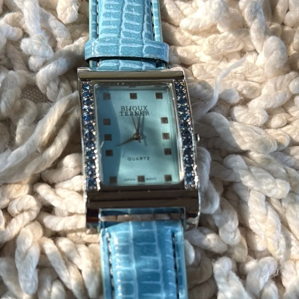 New BIJOUX TERNER Blue Silver Blue Tint Crystal Frame Leather Watch - Picture 4 of 10